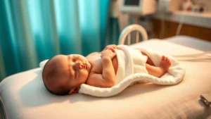 Newborn baby lying peacefully on soft white blanket during weight measurement in hospital nursery with warm natural lighting