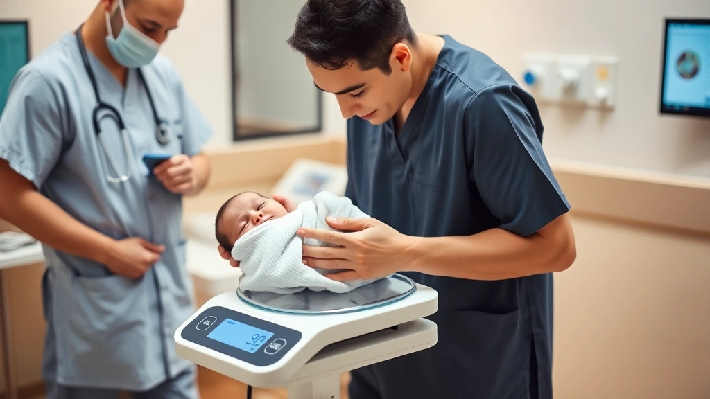 Parent gently weighing newborn on digital scale in healthcare setting with warm lighting and supportive medical professional nearby