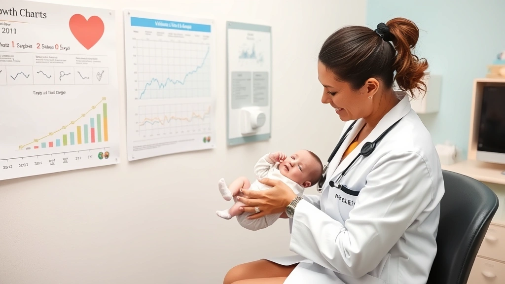 Pediatrician measuring newborn length during wellness checkup in bright clinical office with growth charts visible on wall