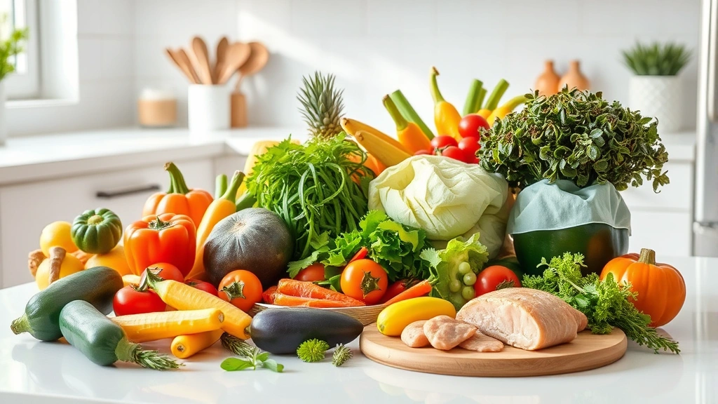 Colorful fresh vegetables and lean protein sources arranged on clean kitchen counter, Mediterranean diet style, natural daylight, health-focused composition