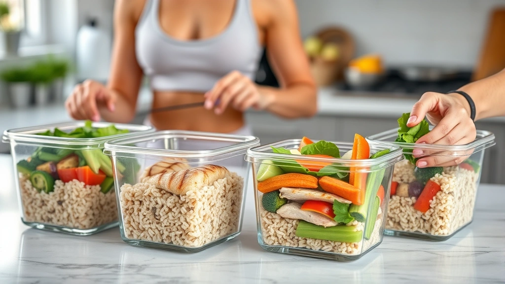 Fit individual meal prepping with grilled chicken breast, brown rice, and fresh vegetables in glass containers, kitchen setting, healthy whole foods, natural daylight