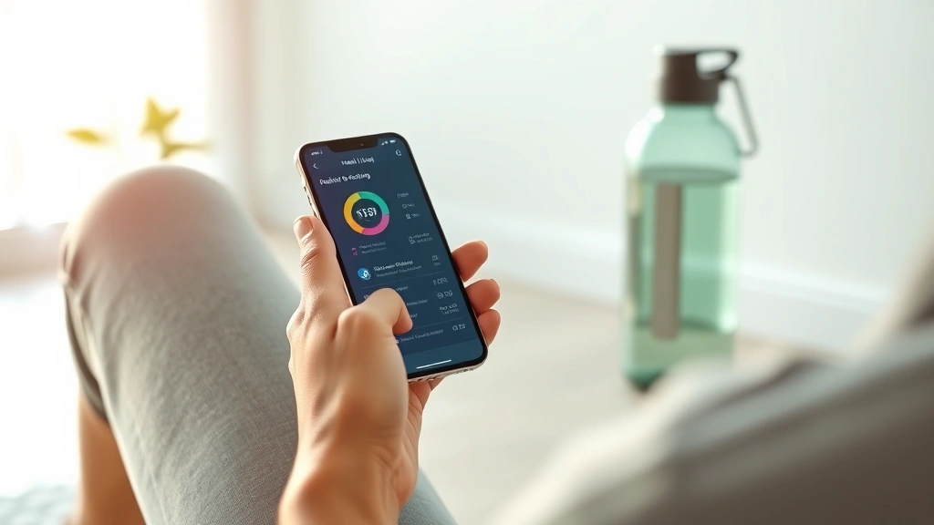Person using smartphone showing health app interface with progress tracking, sitting in bright wellness setting with water bottle nearby, photorealistic