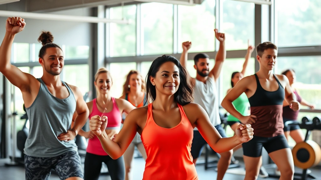 Diverse group of healthy individuals in modern gym environment doing varied exercises, natural lighting, showing active lifestyle and wellness community
