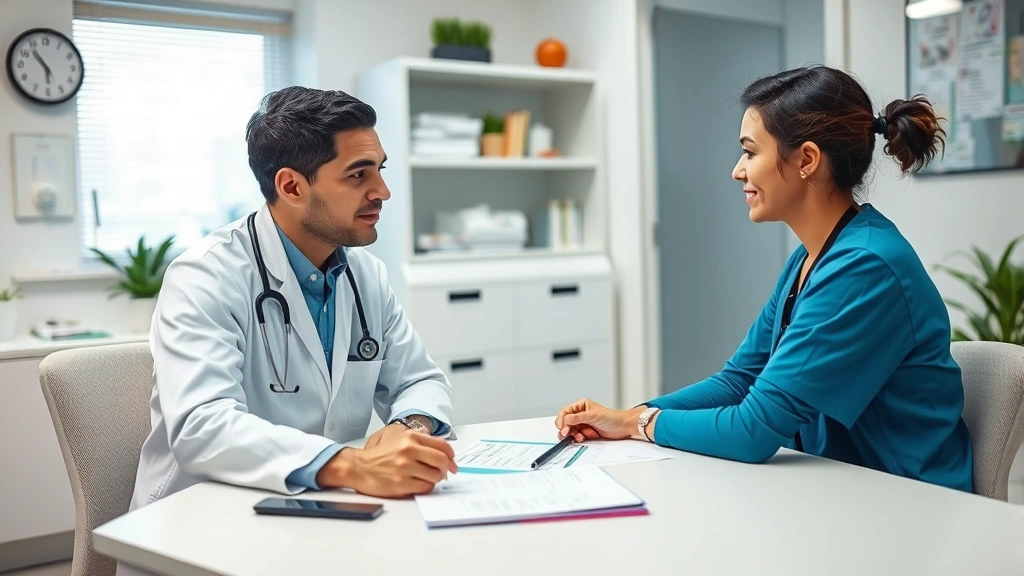 Healthcare provider consultation with patient in clinical office, discussing treatment plans at desk with health documents, professional and supportive atmosphere