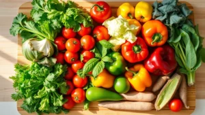 Vibrant overhead shot of colorful fresh vegetables including leafy greens, tomatoes, bell peppers, and root vegetables on a wooden cutting board with natural sunlight streaming across the scene, photorealistic, clean kitchen background