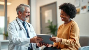 Professional doctor in white coat consulting with patient in medical office, both smiling, discussing health goals on tablet, warm lighting, diverse representation