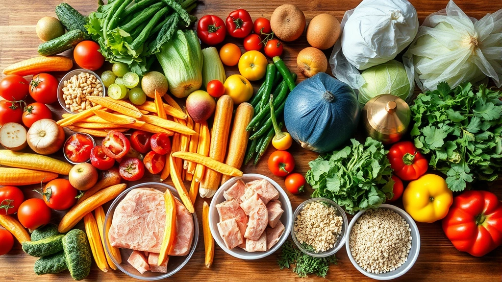 Colorful array of fresh vegetables, fruits, lean proteins, and whole grains arranged on wooden table, natural sunlight, vibrant and appetizing composition