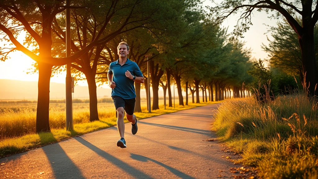 Active adult jogging outdoors on a tree-lined path during golden hour, expressing energy and wellness, natural landscape background, photorealistic athletic scene capturing movement and vitality