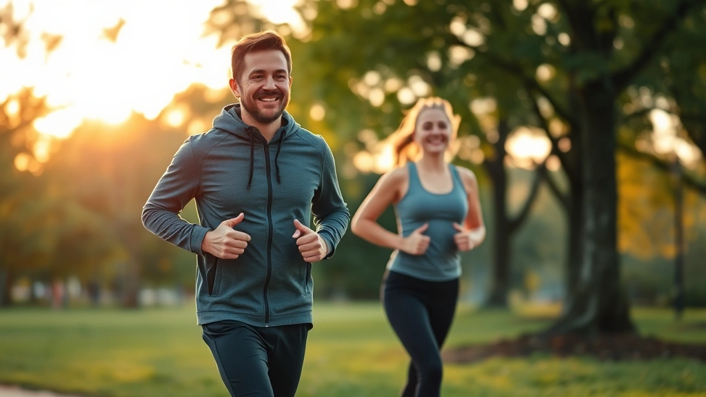 Active person jogging in park during golden hour, wearing comfortable athletic clothes, genuine smile, surrounded by trees and natural scenery, health and vitality