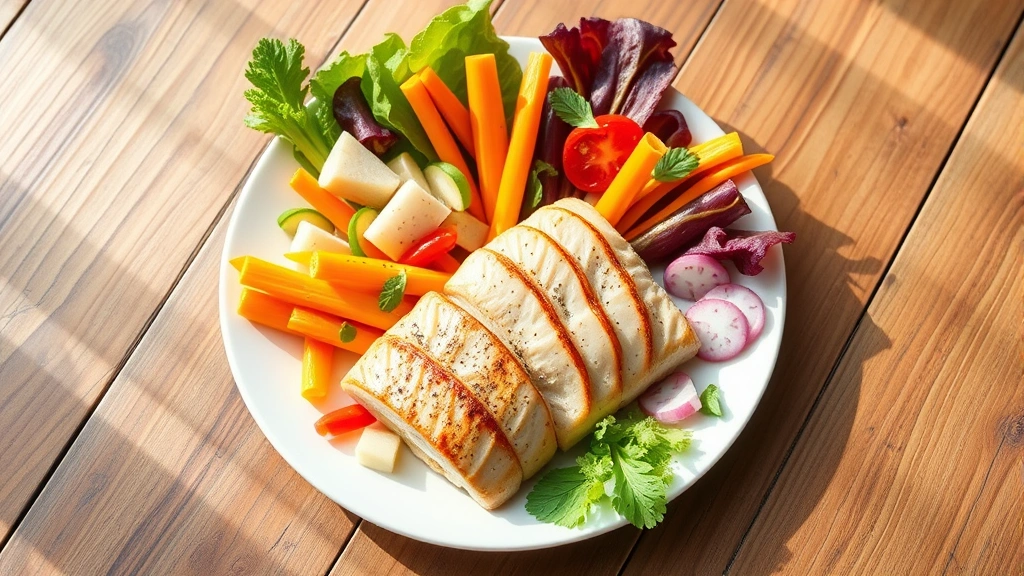Colorful fresh vegetables and lean proteins arranged on white plate, wooden table background, natural daylight, appetizing presentation, wellness-focused styling