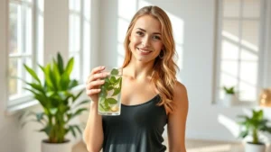 Woman in bright wellness studio holding glass of water with fresh spearmint leaves and ginger, natural sunlight streaming through windows, healthy confident expression, modern minimalist setting