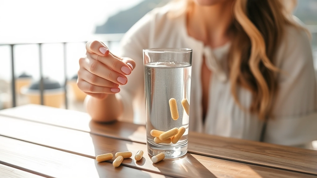 Woman holding a glass of water with supplement pills on wooden table, bright natural light, peaceful wellness setting, Mediterranean background