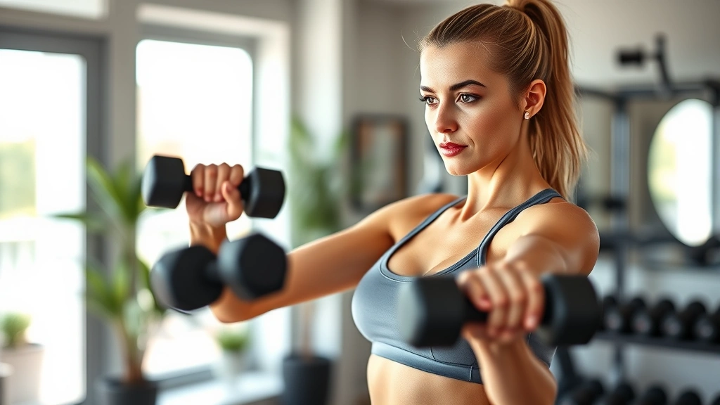 Diverse woman doing resistance training with dumbbells in contemporary home gym, focused determined expression, natural lighting highlighting healthy physique and strength