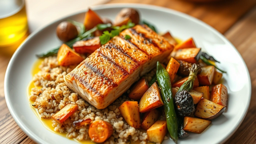 Close-up of nutritious PCOS-friendly meal with grilled salmon, quinoa, roasted vegetables and olive oil drizzle on white ceramic plate, fresh herbs garnish, warm natural kitchen lighting