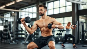 Fit personal trainer in modern gym demonstrating proper squat form with dumbbells, client in background performing exercise, bright natural lighting, professional gym setting, health and fitness focus