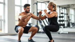 A fit personal trainer demonstrating proper squat form with a confident middle-aged client in a bright, modern gym setting. Both are focused and engaged. Morning natural light through large windows. Clean equipment visible in background.