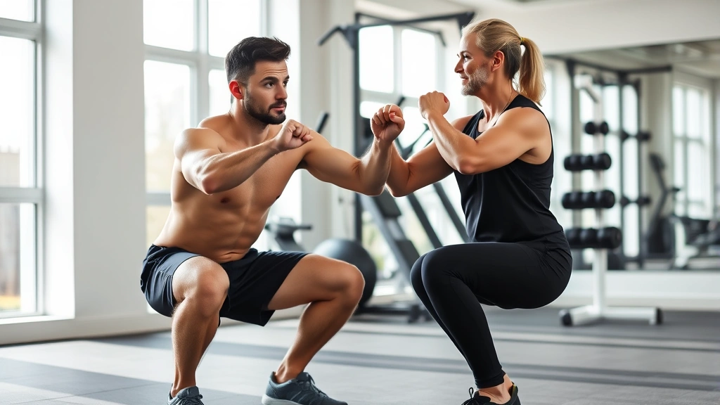 A fit personal trainer demonstrating proper squat form with a confident middle-aged client in a bright, modern gym setting. Both are focused and engaged. Morning natural light through large windows. Clean equipment visible in background.