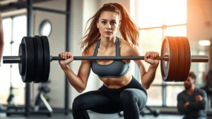 Athletic woman performing weighted barbell squat exercise in modern gym with natural lighting, focused expression, professional fitness setting