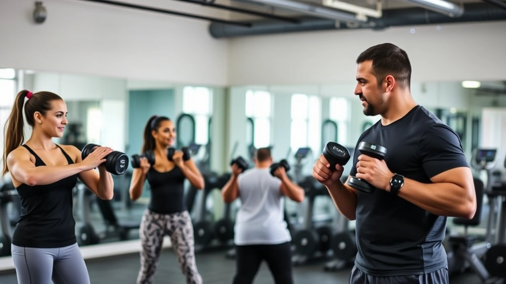 A diverse group of three people working with a personal trainer doing resistance exercises with dumbbells in a spacious, welcoming gym. Everyone appears motivated and strong. Professional gym environment with mirrors and modern equipment.
