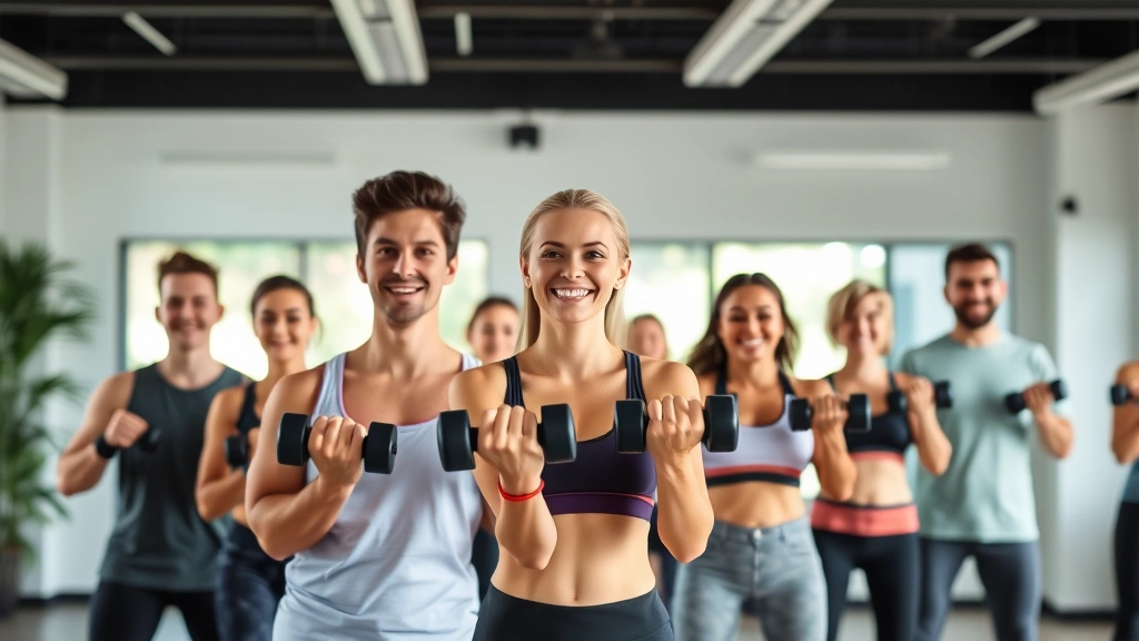 Diverse group of people doing strength training exercises with dumbbells in bright fitness studio, smiling and engaged, health-focused atmosphere