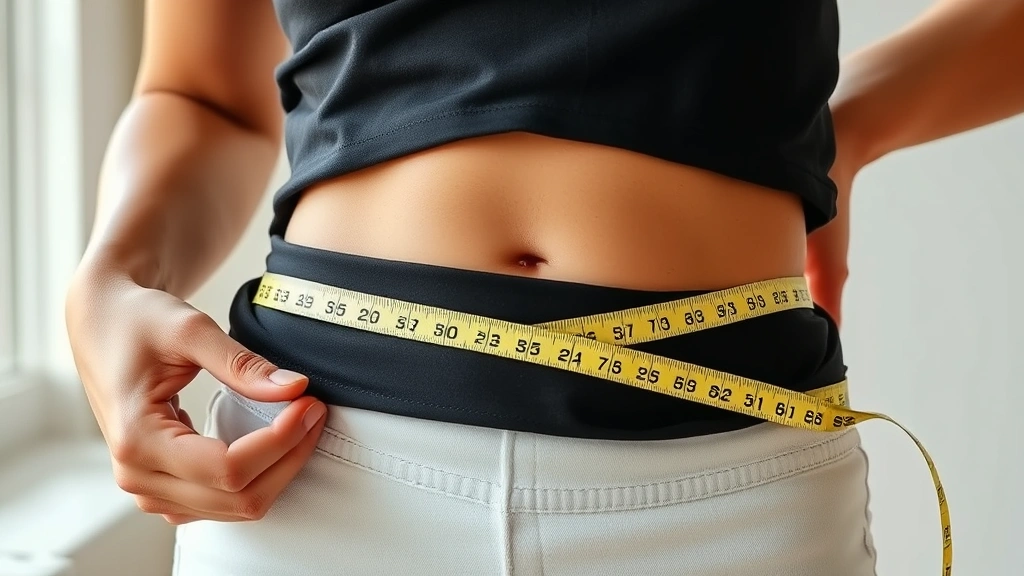 Person measuring waist circumference with measuring tape, showing body composition tracking and health monitoring, wellness-focused setting, natural lighting, photorealistic health measurement