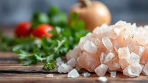 Close-up of pink Himalayan salt crystals on a wooden surface with fresh herbs and vegetables blurred in background, natural lighting, wellness aesthetic, no text