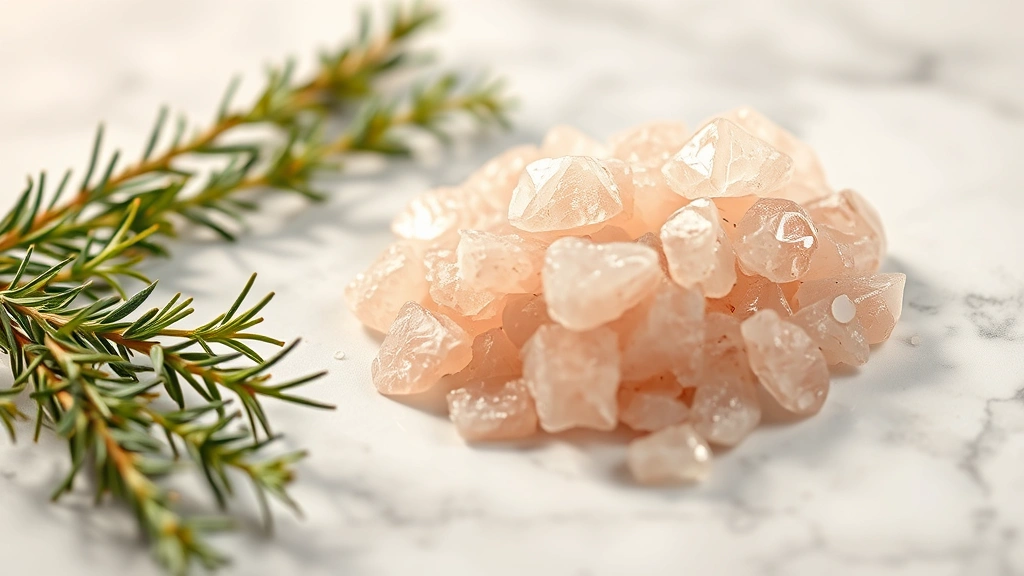 Close-up of pink Himalayan salt crystals on white marble surface with fresh herbs like rosemary and thyme scattered nearby, warm natural lighting, wellness aesthetic, photorealistic