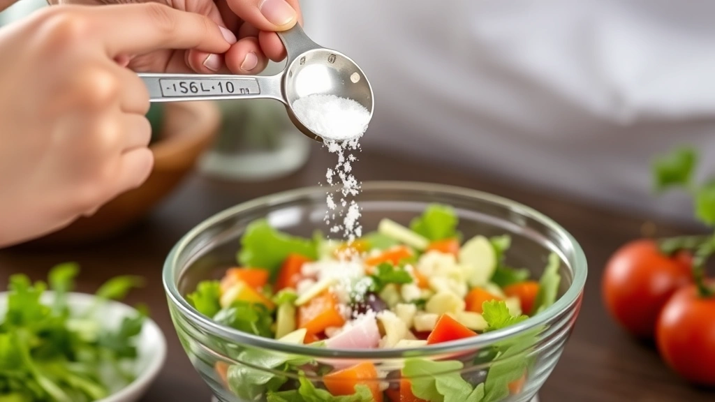 Person measuring salt with a measuring spoon over a bowl of fresh salad ingredients, healthy food preparation scene, bright kitchen lighting, no text or numbers visible