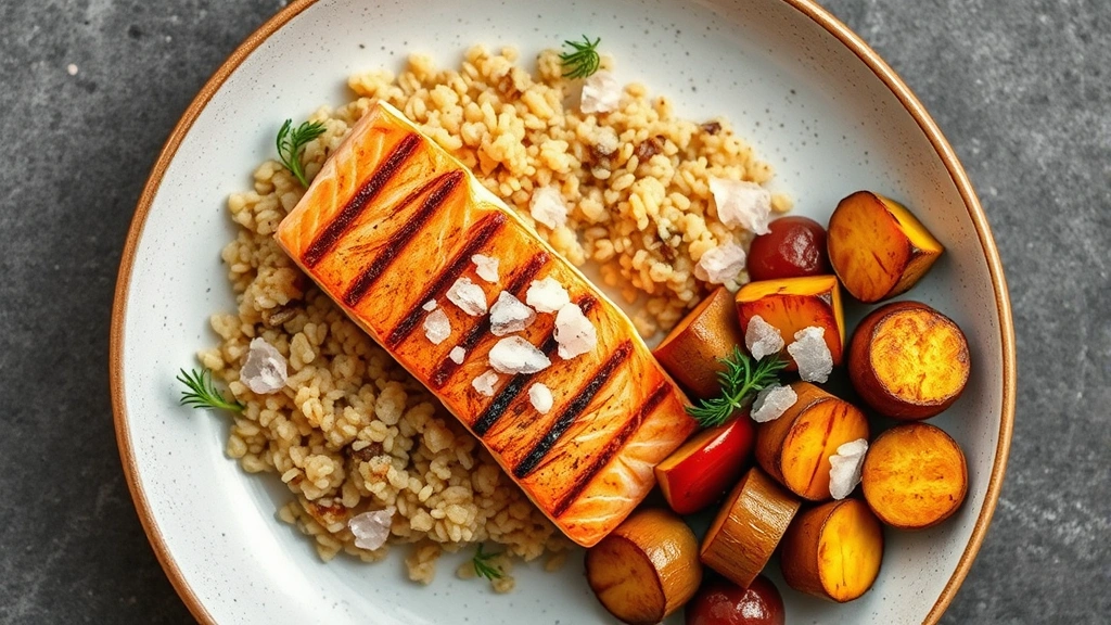 Overhead view of prepared healthy meal with grilled salmon, quinoa, roasted vegetables, and pink salt crystals as garnish, appetizing presentation, professional food photography, no text