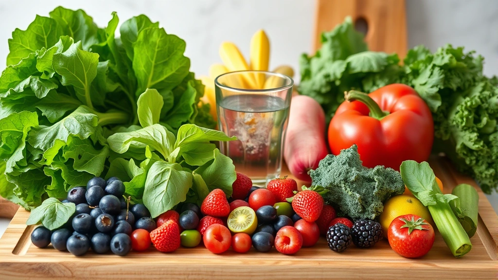 Colorful fresh produce including leafy greens, berries, and vegetables arranged on wooden cutting board with glass of water, natural kitchen lighting, healthy eating focused, photorealistic
