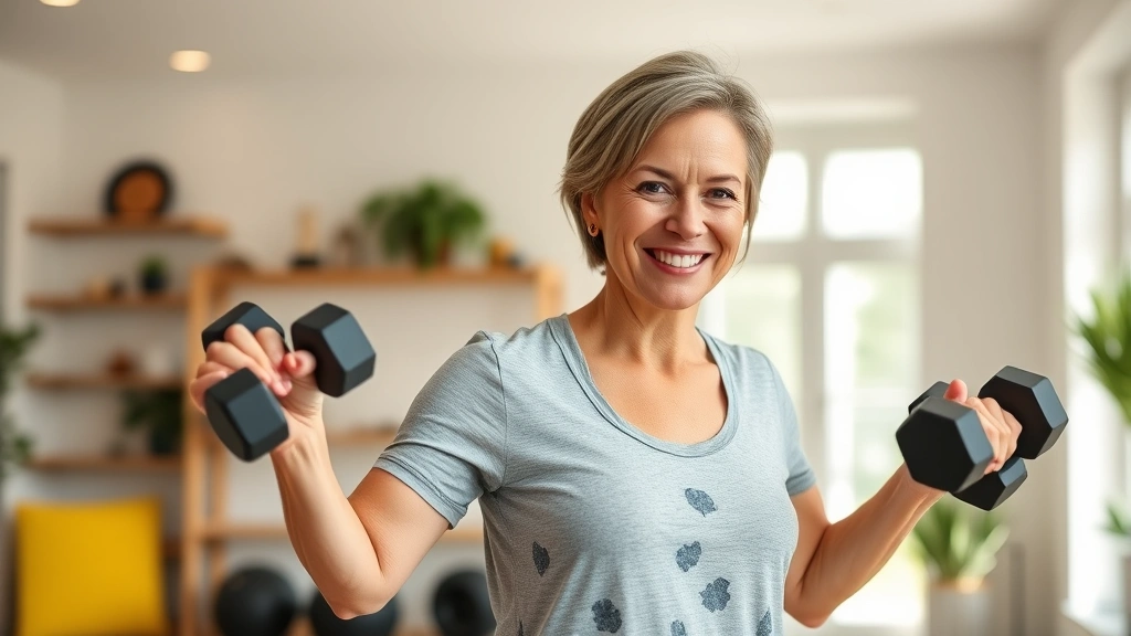 Middle-aged woman doing strength training with dumbbells in a bright, modern home gym, smiling with confidence, natural lighting, showing proper form and empowerment