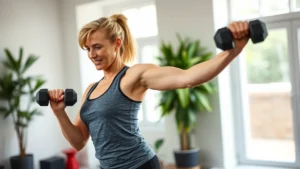Middle-aged woman in athletic wear performing strength training with dumbbells in a bright, modern home gym with natural window light, demonstrating proper form and confidence