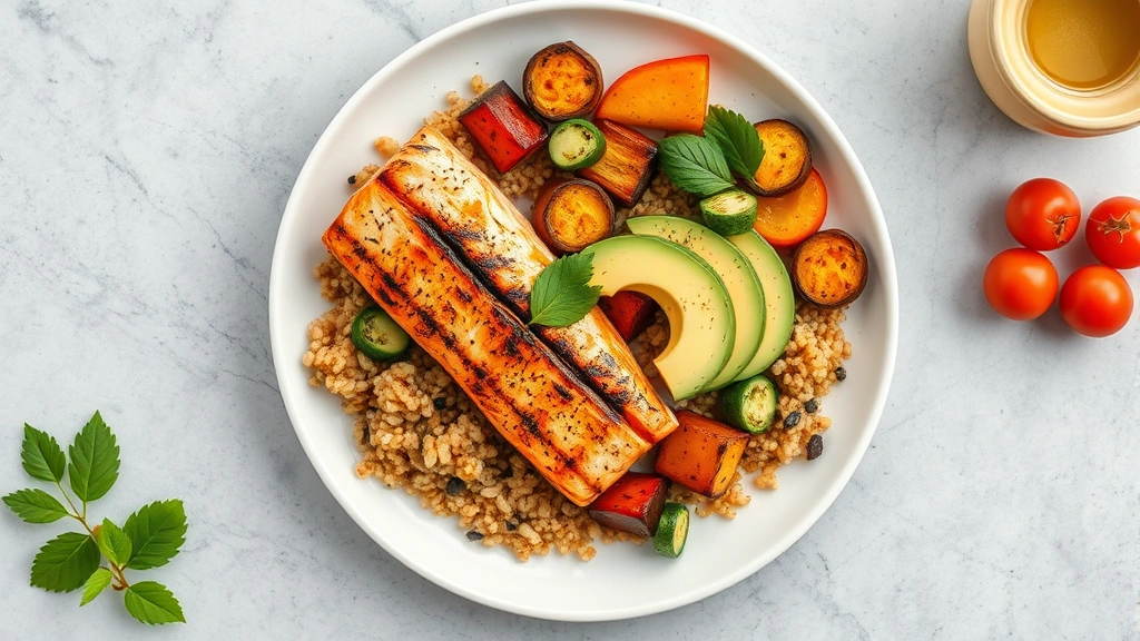 Overhead shot of a colorful plate with grilled salmon, roasted vegetables, quinoa, and healthy fats like avocado and olive oil, fresh and appetizing presentation