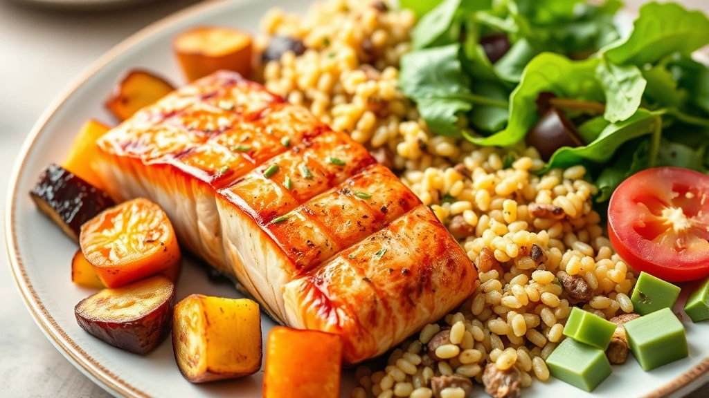 Colorful plate featuring grilled salmon fillet, roasted vegetables, quinoa, and fresh green salad representing balanced nutrition for post-menopausal health
