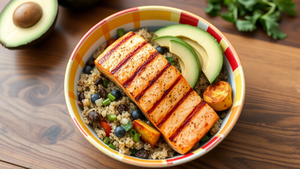 Colorful bowl with grilled salmon, quinoa, roasted vegetables, and avocado, fresh and appetizing presentation on wooden table