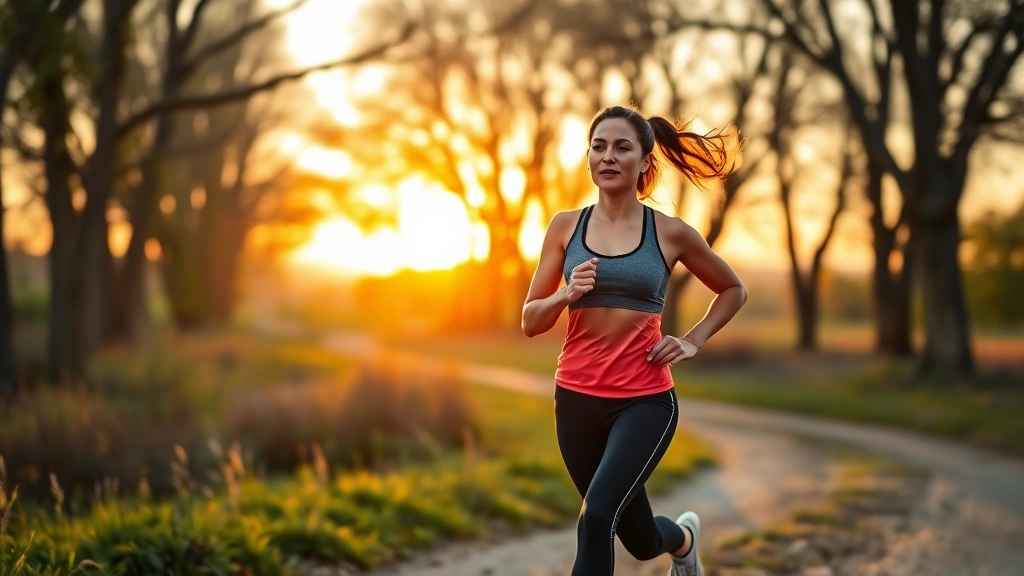 Active woman in athletic wear jogging outdoors through a tree-lined path at sunrise, energetic and healthy appearance, natural landscape background