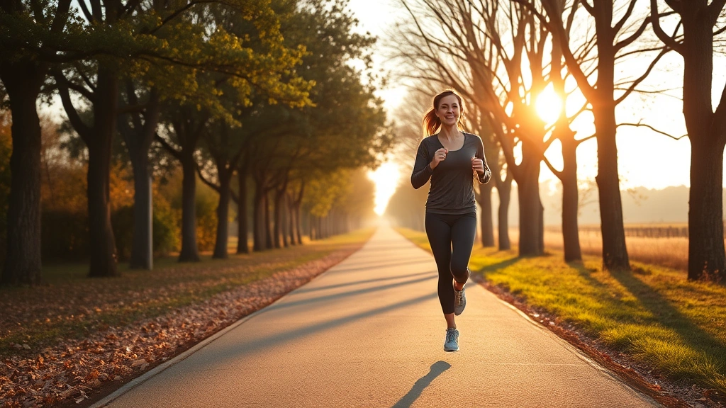 Woman jogging outdoors on tree-lined path during golden hour, athletic wear, healthy and energetic appearance, natural environment