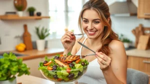 Healthy postpartum mother eating a colorful salad with grilled chicken, bright natural lighting, warm home kitchen setting, relaxed expression