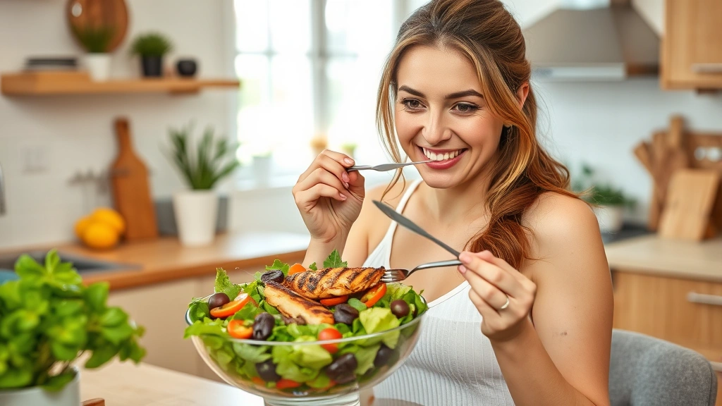 Healthy postpartum mother eating a colorful salad with grilled chicken, bright natural lighting, warm home kitchen setting, relaxed expression