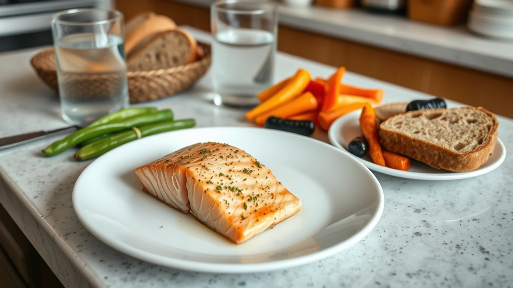 Nutritious postpartum meal spread with grilled salmon, roasted vegetables, whole grain bread, and water glass, professionally plated on kitchen counter
