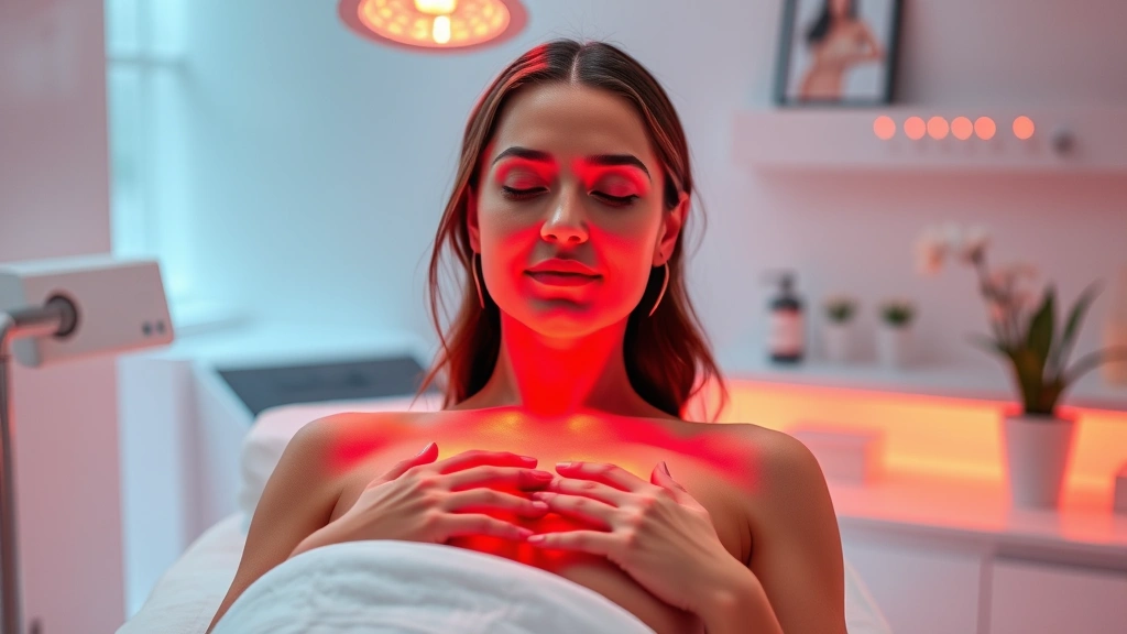 Woman in modern medical spa receiving red light therapy treatment on body, professional setting with warm glowing light, calm relaxed expression, healthy wellness environment