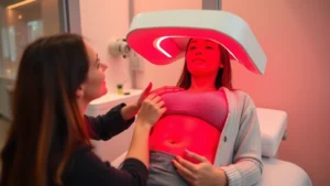 Woman in modern wellness clinic receiving red light therapy treatment on abdomen area, professional clinical setting with warm ambient lighting, healthy confident posture, no text or numbers visible