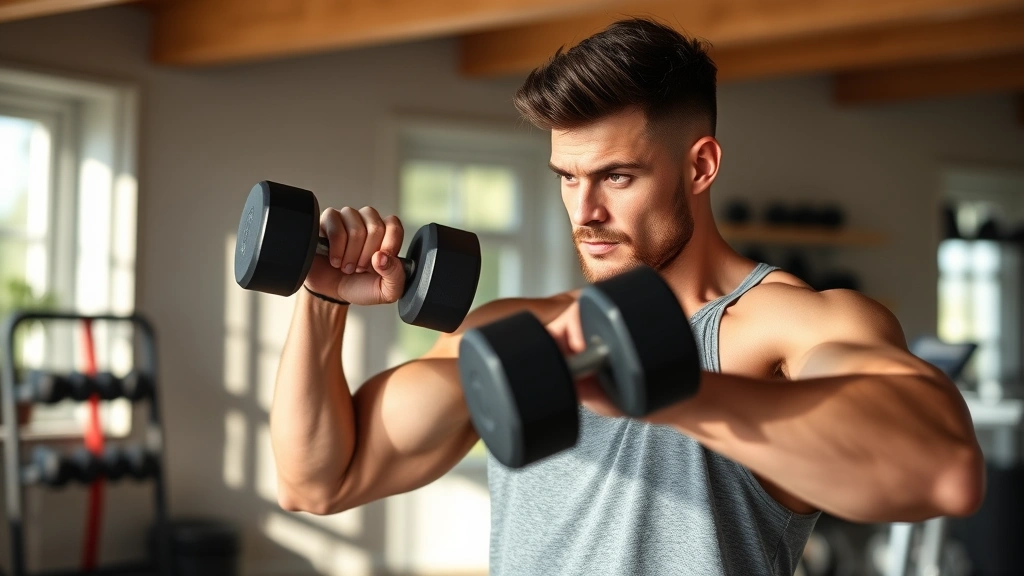 Fit person performing resistance training exercise with dumbbells in home gym, focused expression, natural lighting through windows, modern home workout space