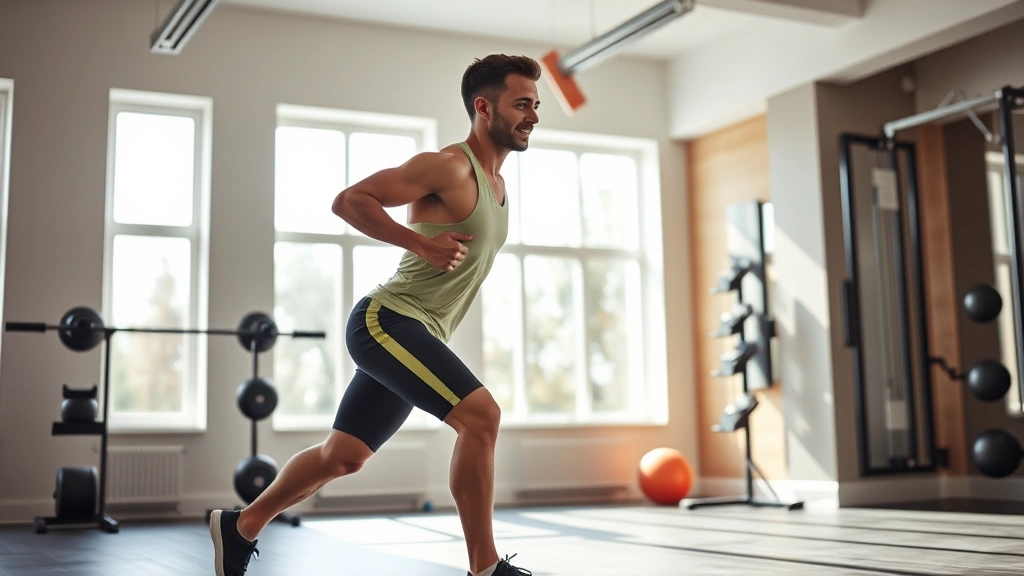 Active person performing compound exercise movement in bright fitness studio, energized expression, natural daylight streaming through windows, fit physique mid-motion, no charts or measurements