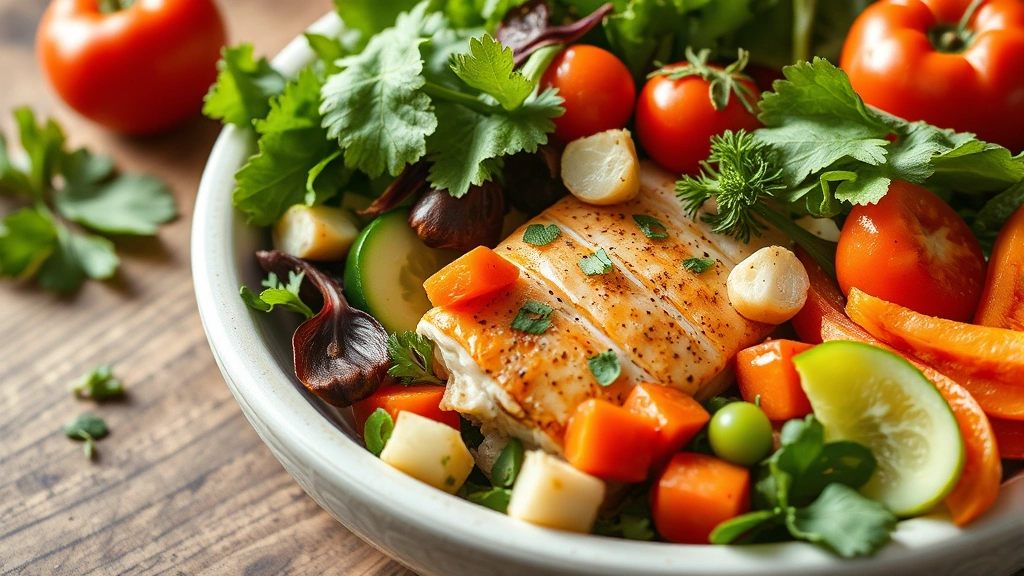 Close-up of healthy meal preparation with fresh vegetables, lean protein, and nutritious ingredients on wooden surface, vibrant natural colors, wellness lifestyle aesthetic, no meal plan text or labels