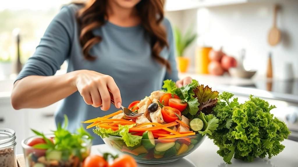 Woman preparing fresh colorful salad with vegetables and lean protein in bright kitchen, natural lighting, healthy meal preparation focus