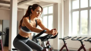 Woman performing high-intensity interval training on a stationary bike in a bright fitness studio, focused expression, athletic wear, natural lighting through windows