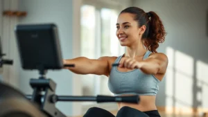 Athletic woman rowing machine indoor gym bright natural light healthy fit posture engaged expression