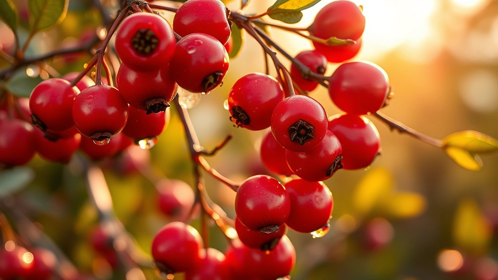 Vibrant rosehip berries on branches with water droplets, warm golden sunlight filtering through, close-up botanical photography showing natural texture and rich red color, photorealistic wellness imagery