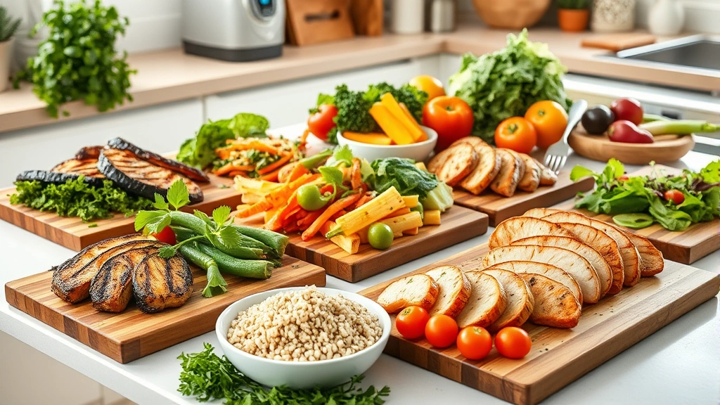 A vibrant, healthy meal spread featuring grilled vegetables, lean proteins, fresh salads, and whole grains on wooden cutting boards in a bright kitchen, with fresh herbs and colorful produce arranged naturally